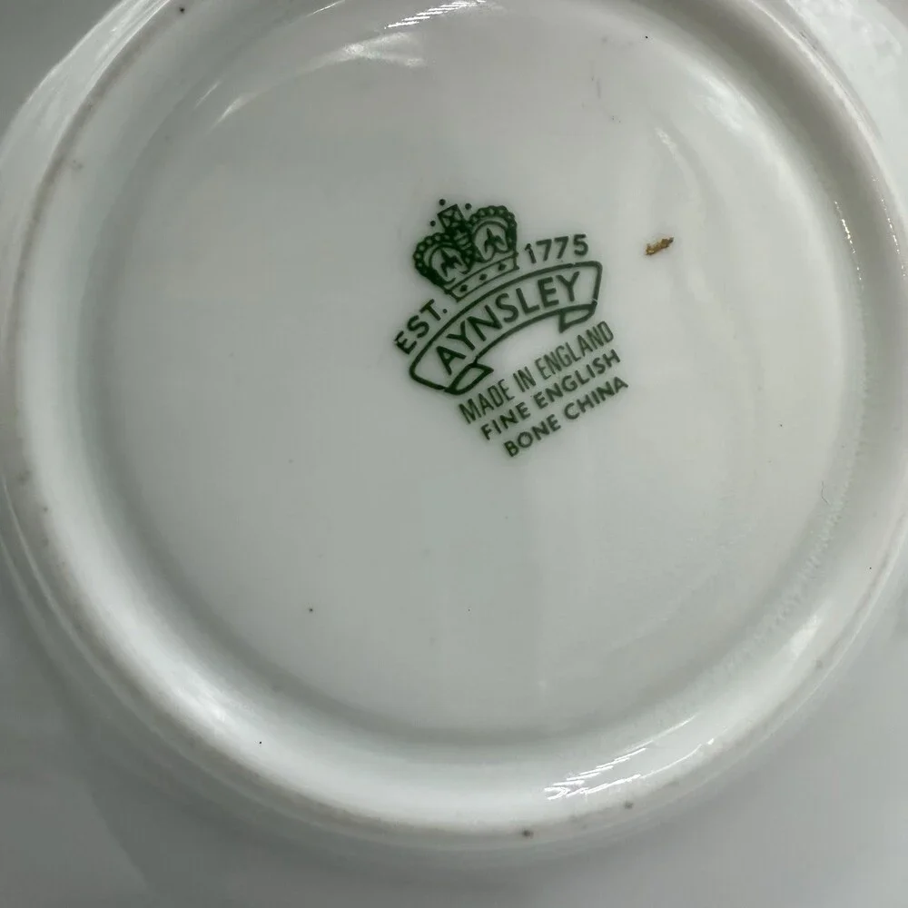 Aynsley Bone China Pembroke Pattern English Dark Green Floral Bird Crackle-like